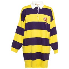 Gucci Yellow/Purple G Cat Applique Striped Cotton Knit Polo Dress L