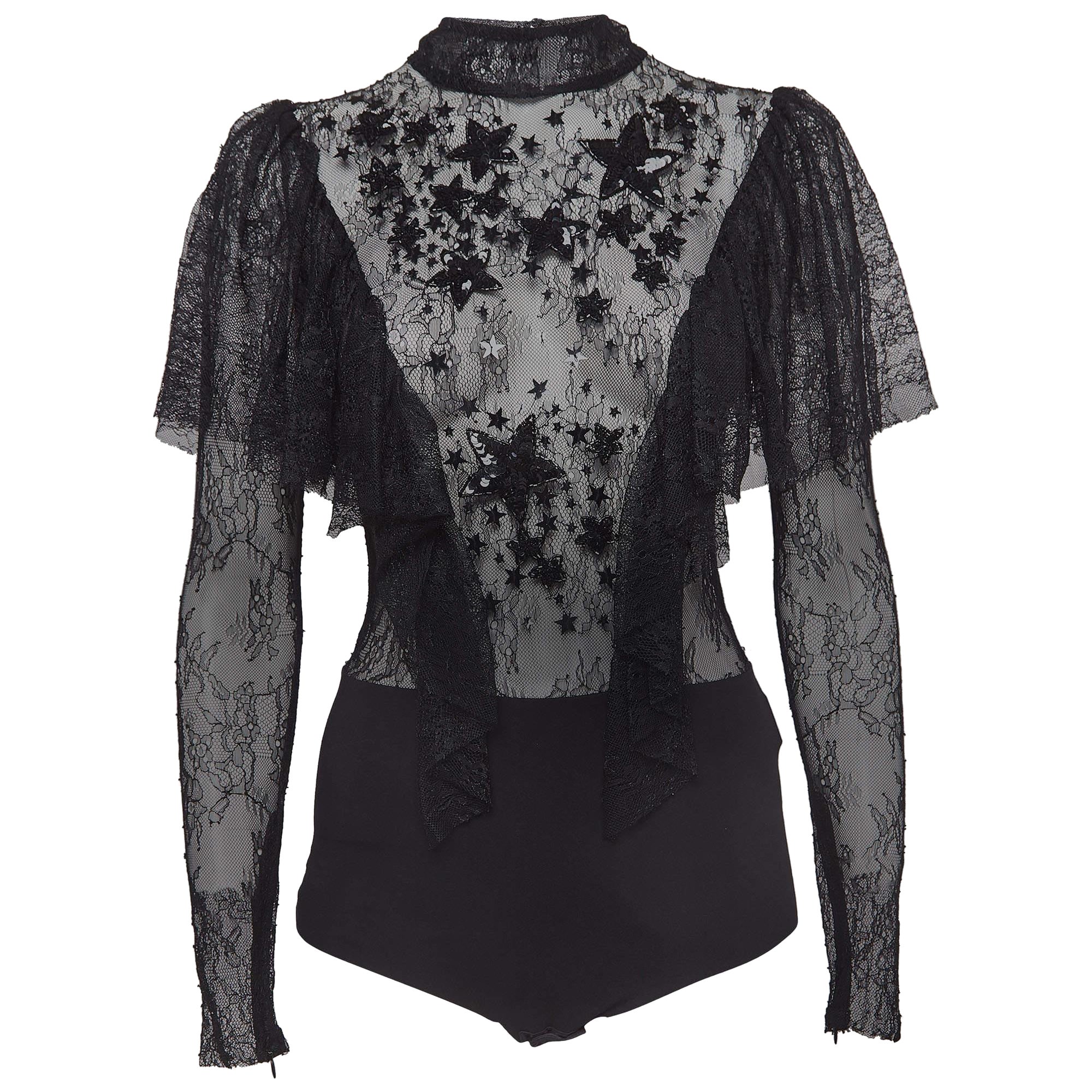 Elisabetta Franchi Black Embellished Stretch Tulle Bodysuit M For Sale