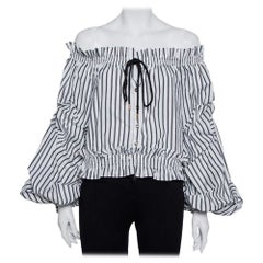 Caroline Constas White Striped Cotton Off Shoulder Ruffled Crop Top XS