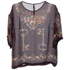 Dolce & Gabbana Deep Maroon Floral Key Print Silk Sheer Blouse S