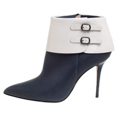 Manolo Blahnik Blue/White Leather Buckle Pointed Toe Ankle Boots Size 36
