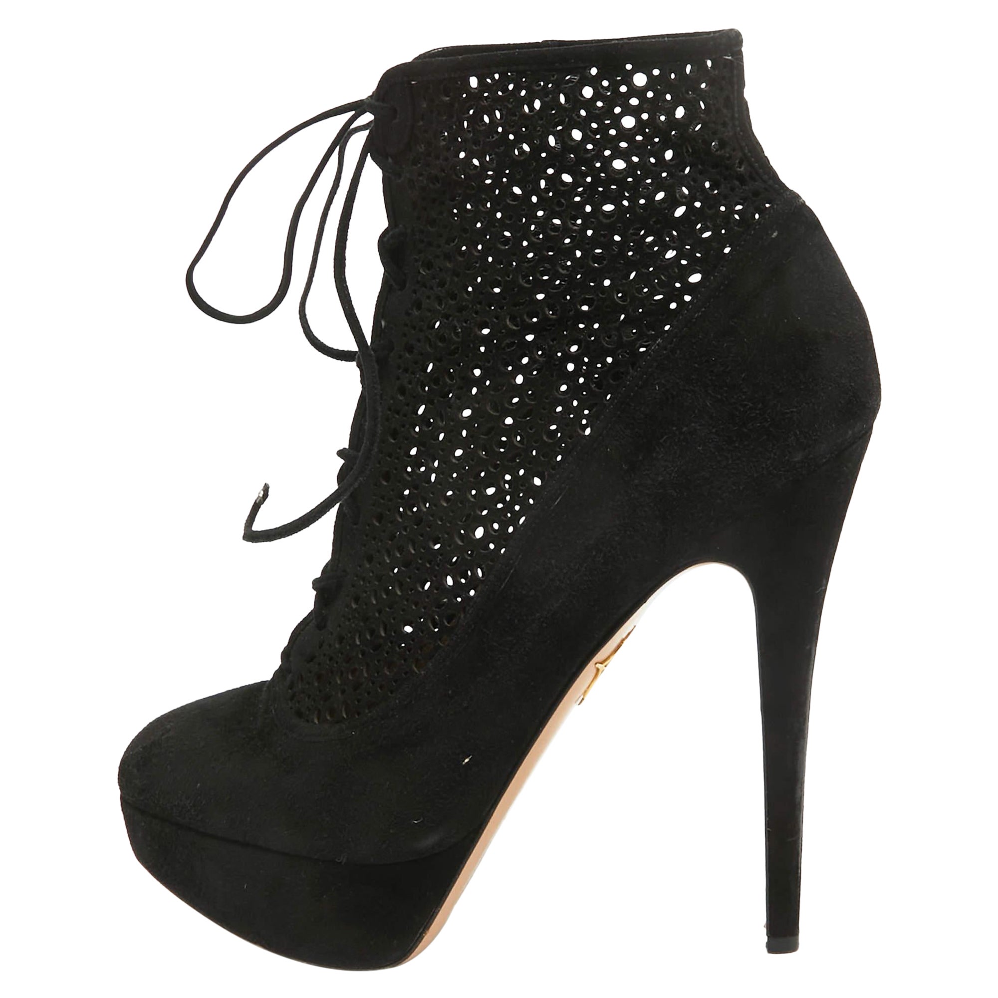 Charlotte Olympia Black Suede Lasercut Accents Ankle Boots Size 41 For Sale