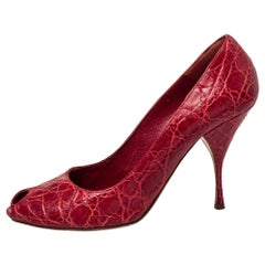 Prada Red Embossed Leather Peep Toe Pumps Size 40