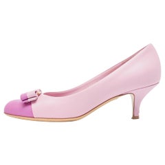 Salvatore Ferragamo Pink Leather Vara Bow Pumps Size 37.5