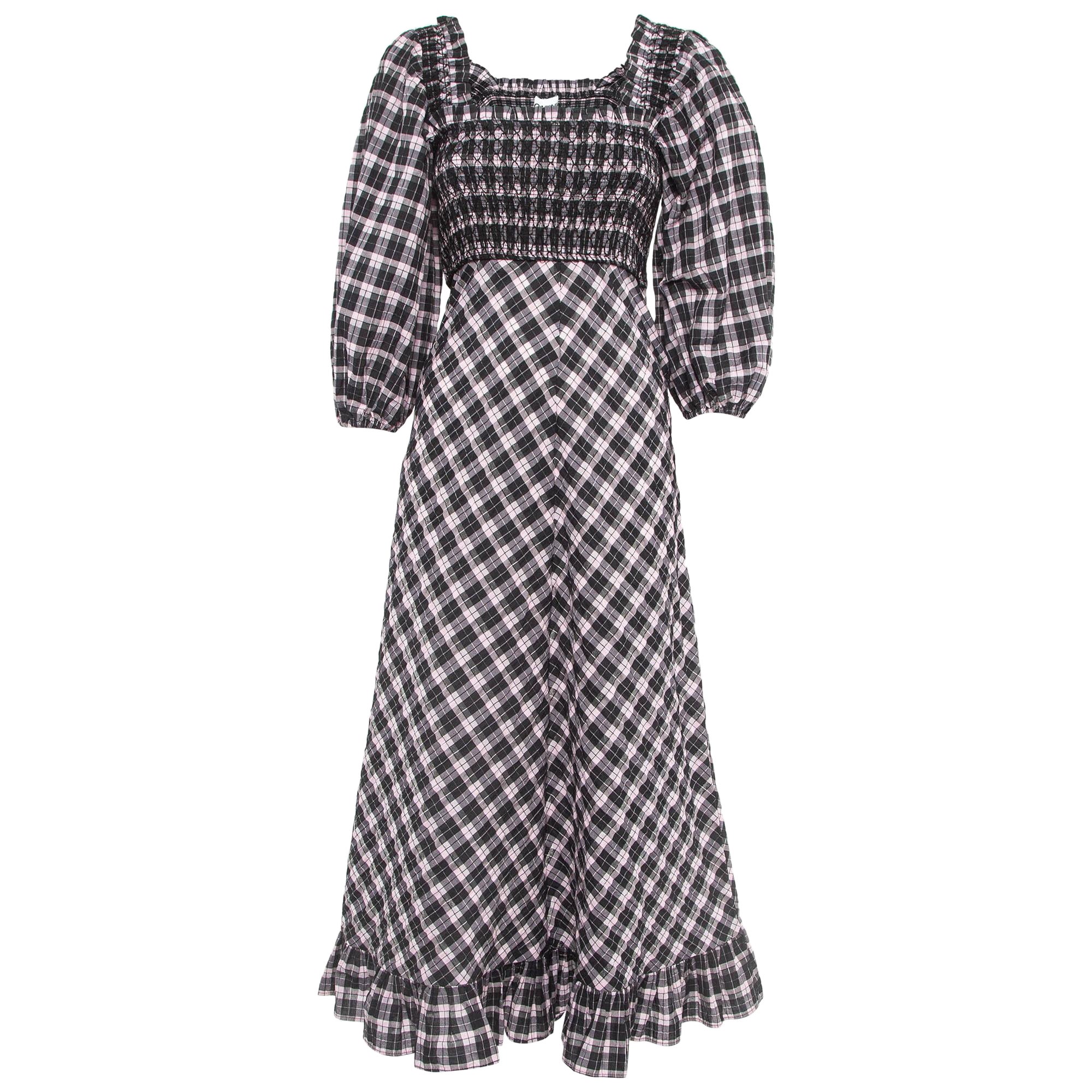 Ganni Maxi Vestido Seersucker Negro/Lila Dulce a Cuadros Mezcla Algodón Smocked XS en venta