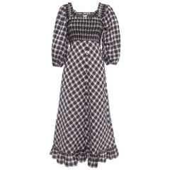 Ganni - Maxi abito in seersucker a quadri in misto cotone nero e lilla XS