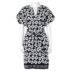 CH Carolina Herrera Navy Blue Floral Print Silk & Linen Belted Dress S