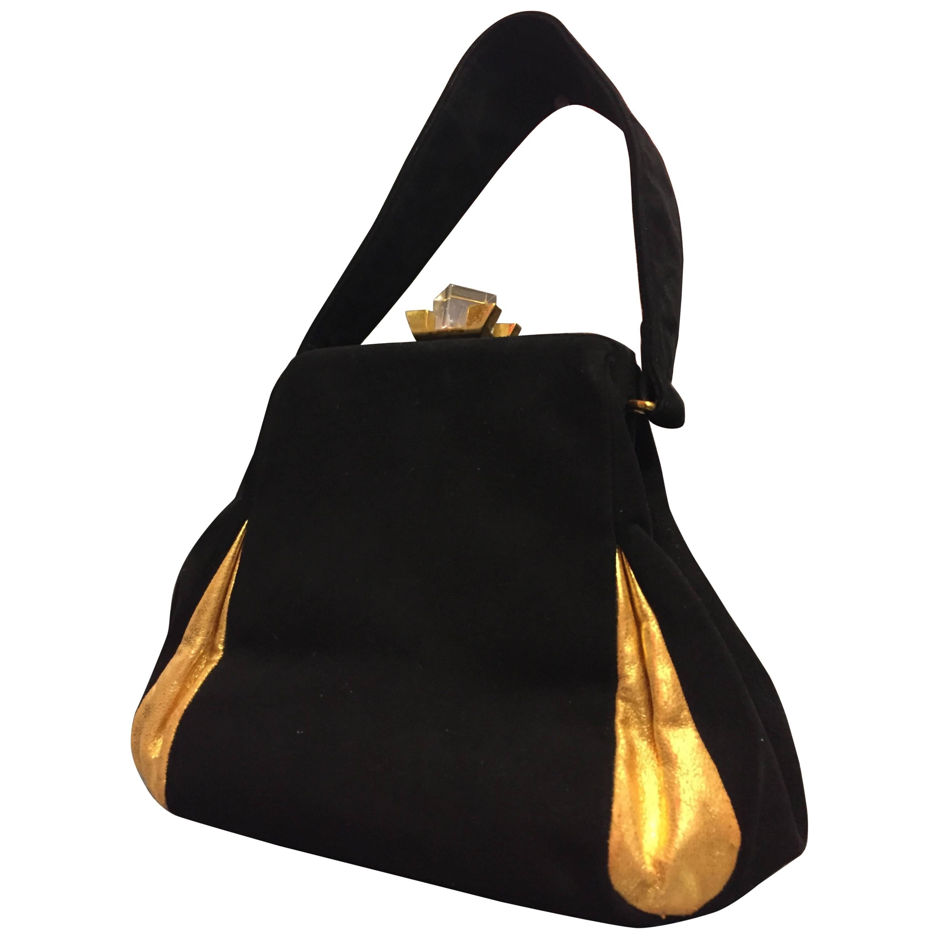 1940s Theodor Black Suede and Gold Gilt Leather Handbag w Lucite Clasp