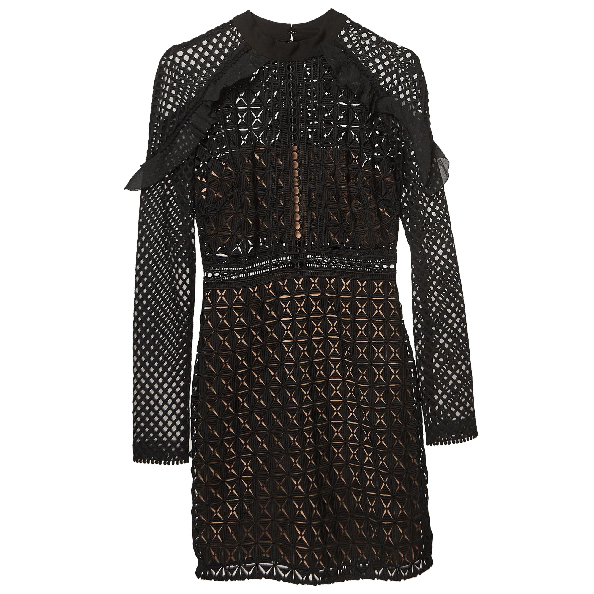 Self-Portrait Black Geometric Pattern Lace Ruffled Mini Dress S For Sale