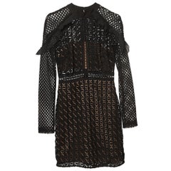 Self-Portrait Black Geometric Pattern Lace Ruffled Mini Dress S