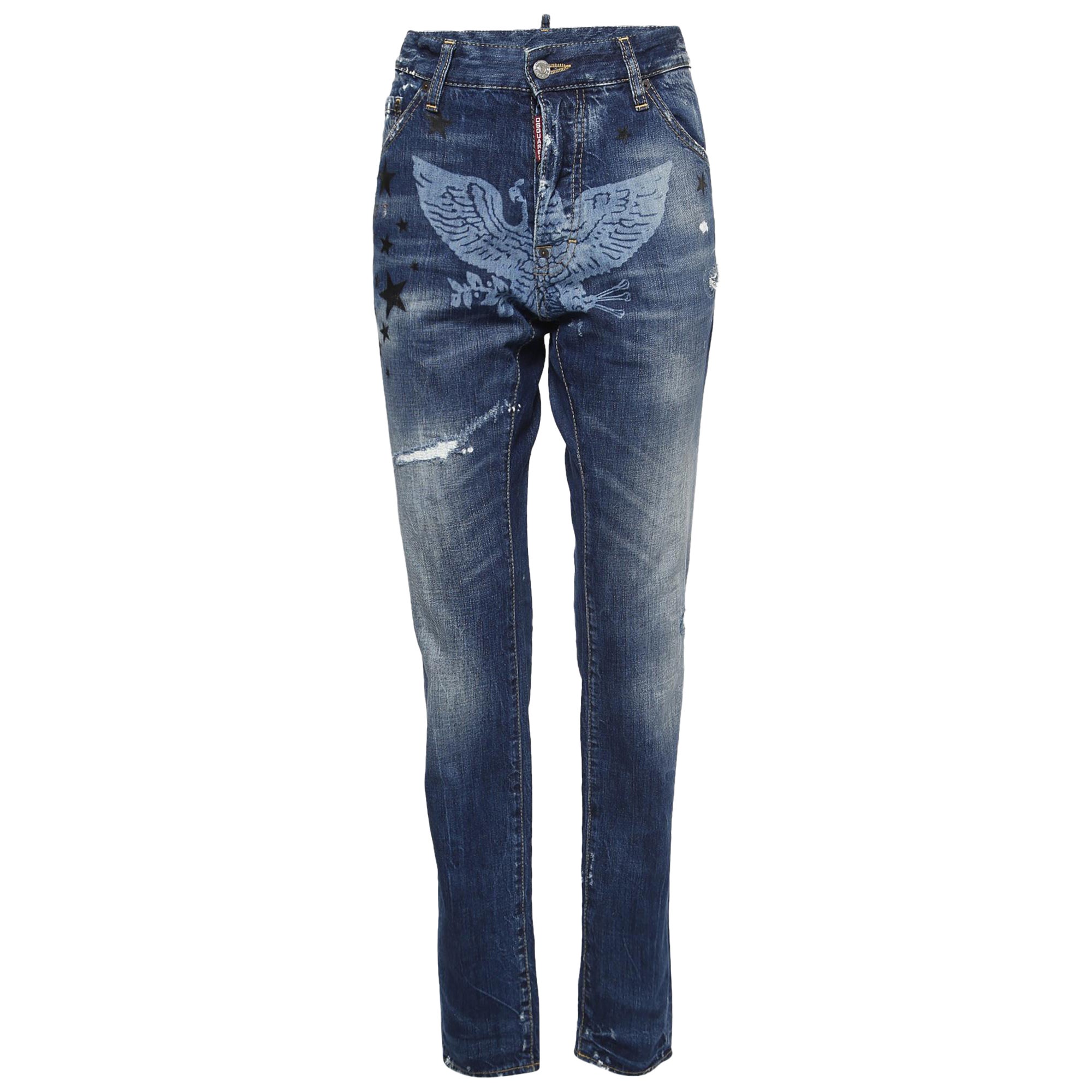 Dsquared2 Navy Blue Printed Distressed Denim Jeans L Waist 36" For Sale