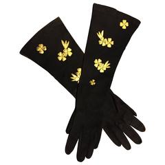 1940s French Suede Evening Gloves w Gold Gilt Leather Flower Appliqués 3