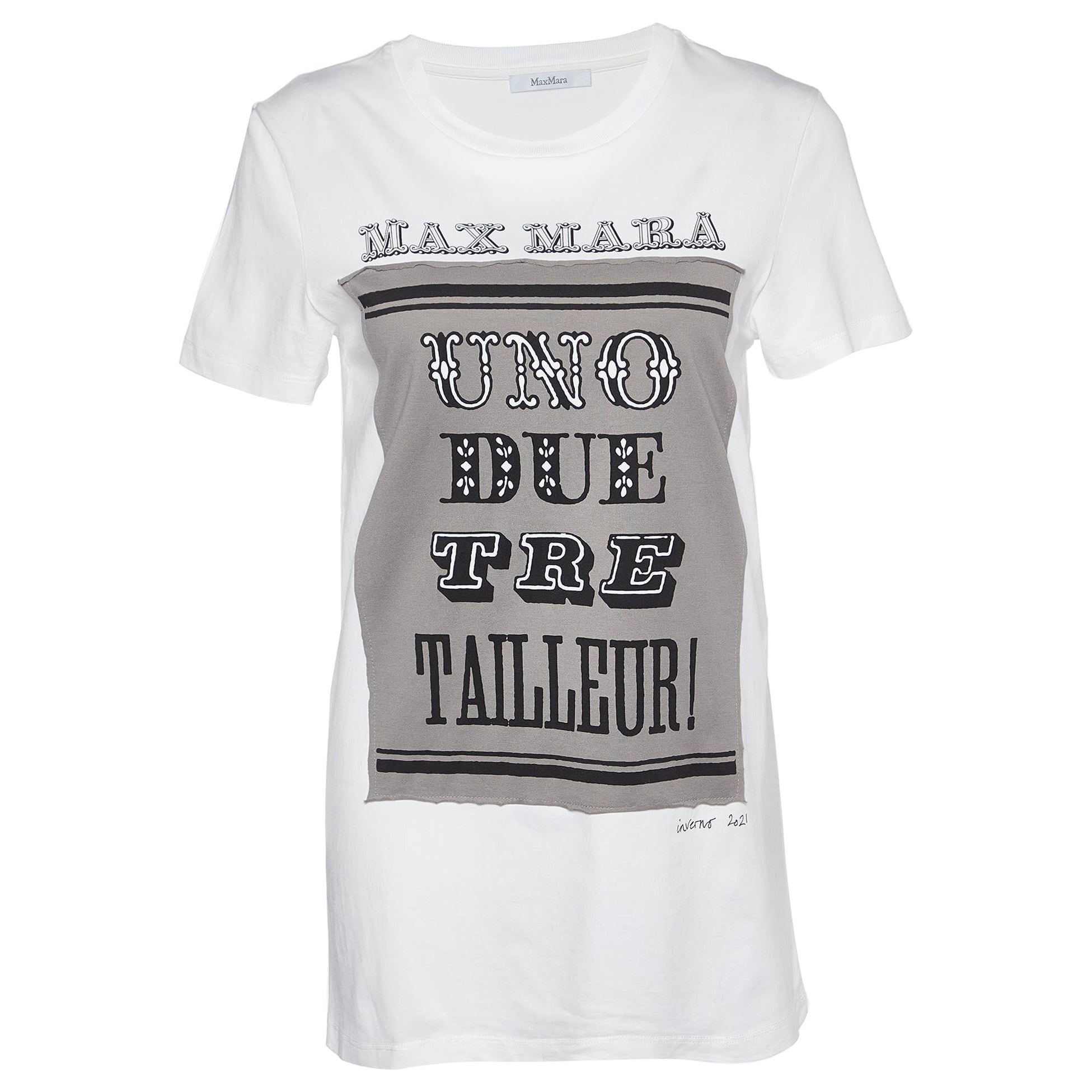 Max Mara White Logo Print Cotton Crew Neck T-Shirt S in vendita