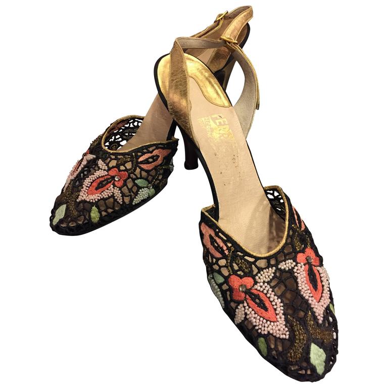 1950s Ferragamo Embroidered Lace and Gilt Leather