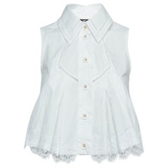 Elisabetta Franchi White Lace Trimmed Cotton Pleated Crop Shirt S
