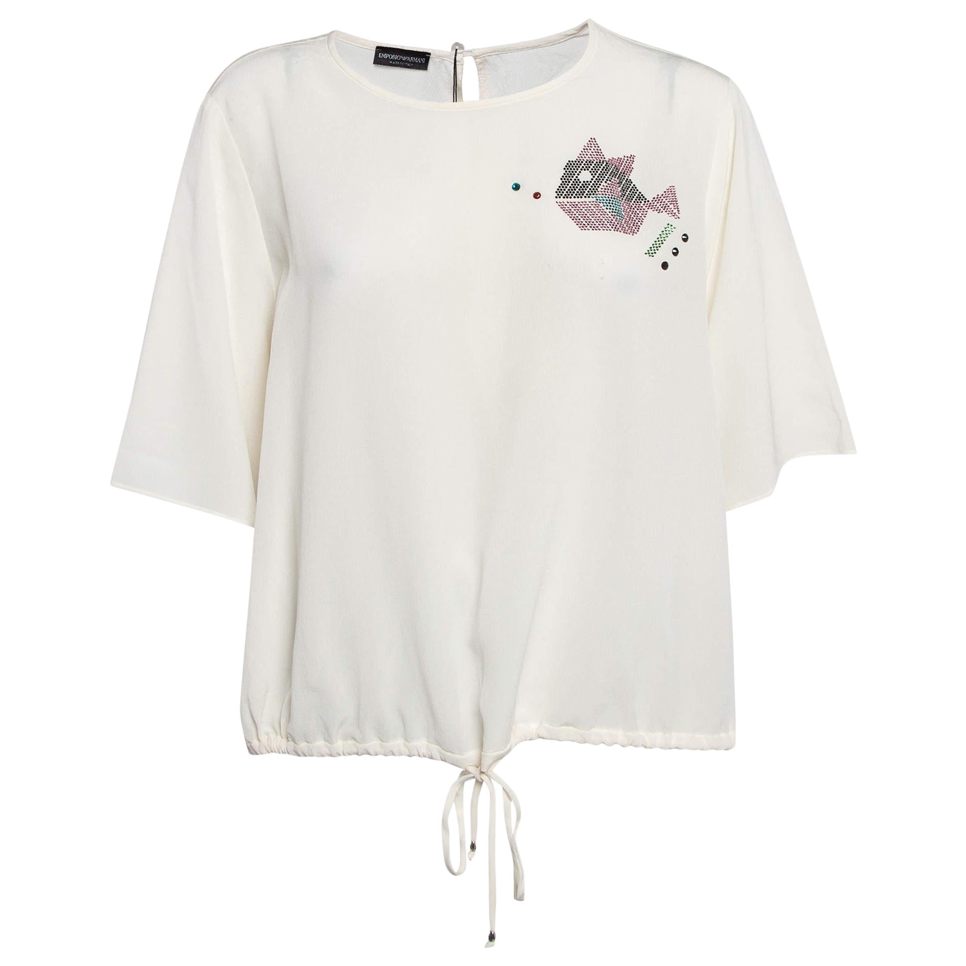 Emporio Armani Off White Embellished Silk Short Sleeve Blouse L For Sale