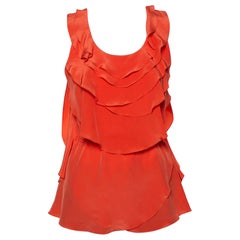 Oscar de la Renta Orange Ruffled Silk Sleeveless Top S