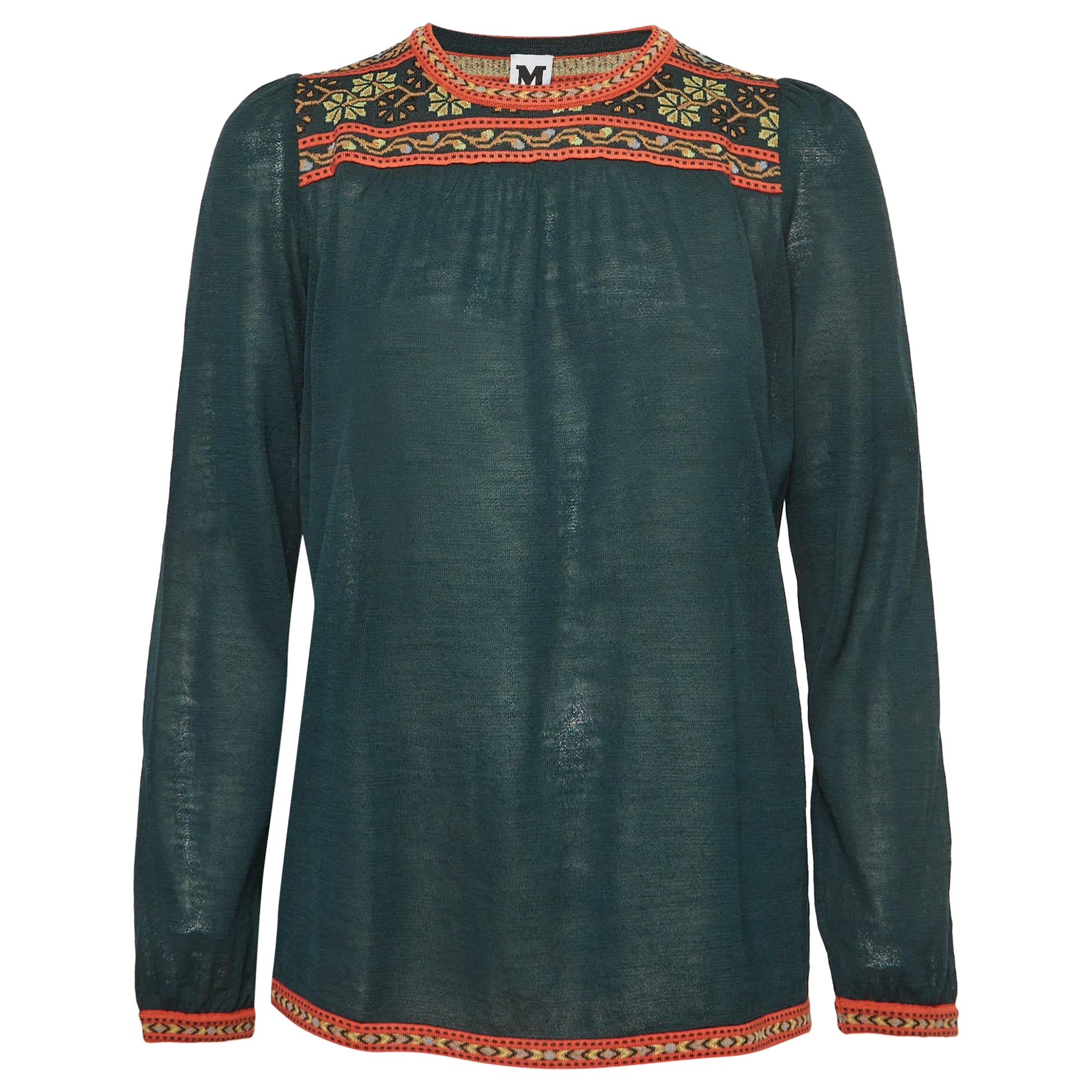 M Missoni Green Floral Pattern Knit Long Sleeve Top L For Sale