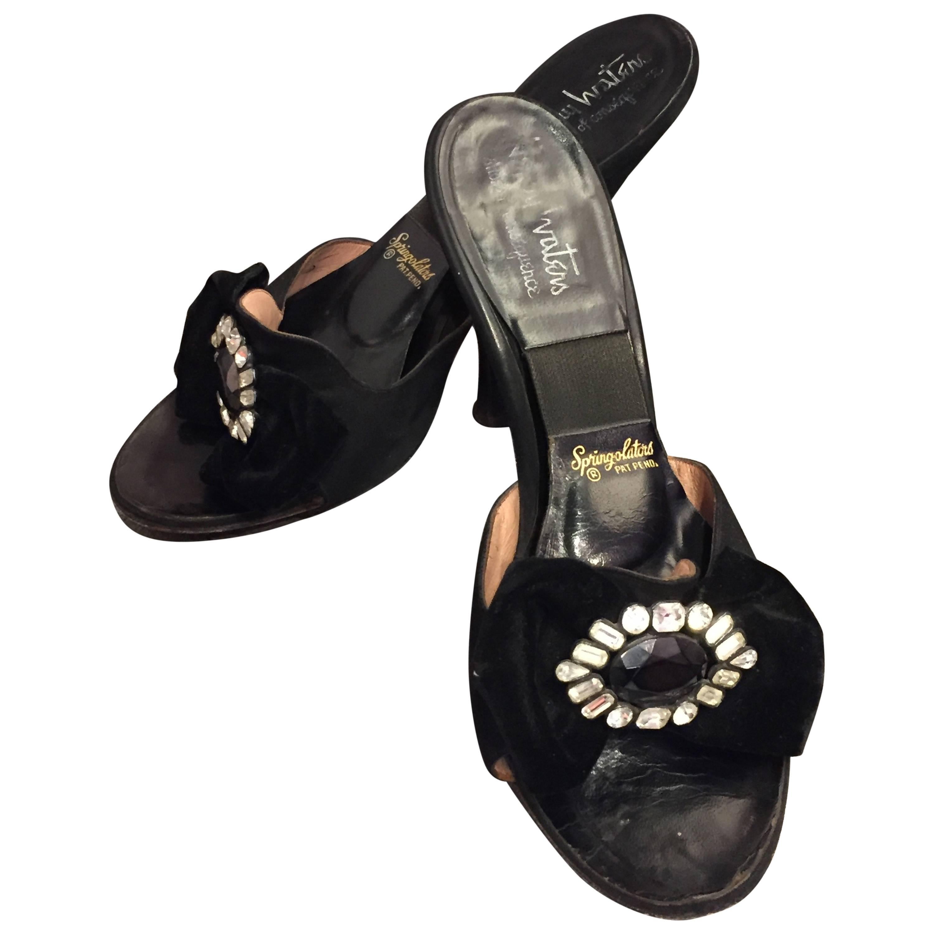 1950s Henry Waters - Black Suede and Velvet Spring-O-Lators w Rhinestone Buckle For Sale