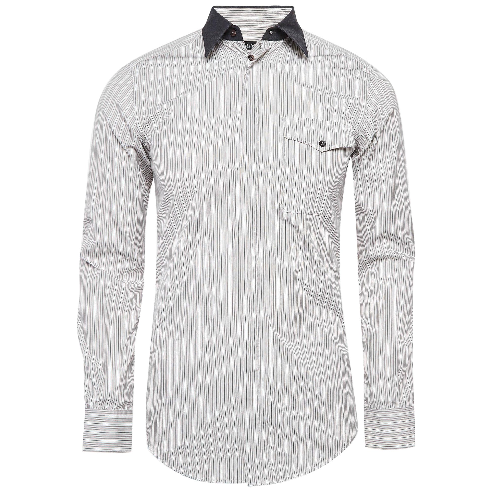 Dolce & Gabbana White Pinstripe Cotton Long Sleeve Shirt S For Sale