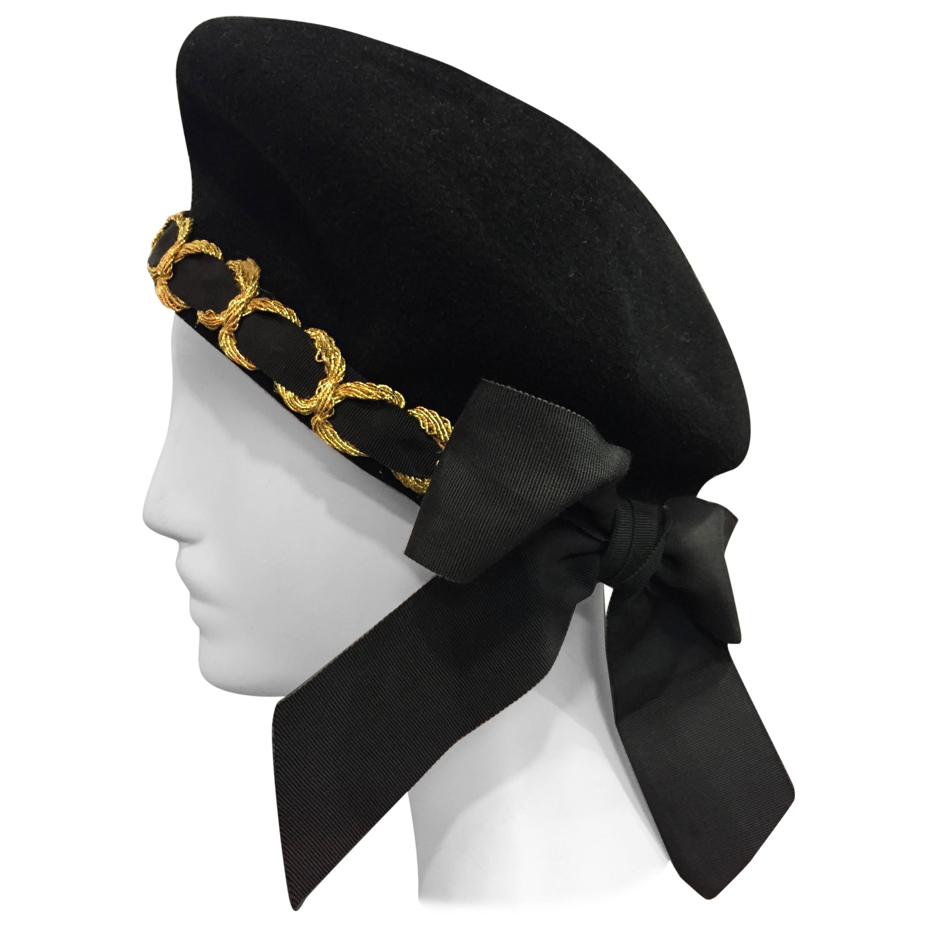 1980s Eric Javitz Mohair Velvet Beret Hat with Gold Cord and Ribbon Bow