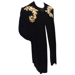 Vintage 1940s Black Velvet Evening Coat with Gold Sequin Leaf Appliqué