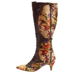 Etro Multicolor Leather and Floral Printed Velvet Knee Length Boots Size 39.5