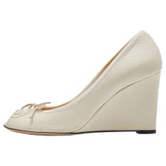 Gucci Off White Leather Peep Toe Wedge Pumps Size 38