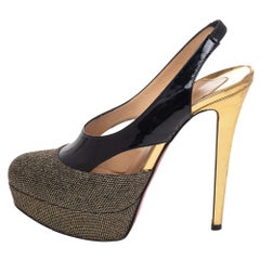 Christian Louboutin Black/Gold Patent and Metallic Mesh Slingback Pump Size 38.5