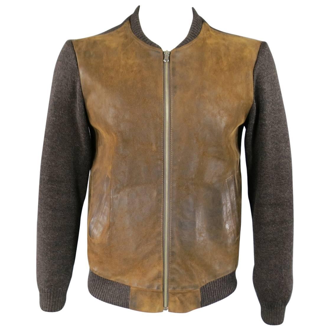 Men's MAISON MARTIN MARGIELA S Brown Leather & Wool Bomber Jacket