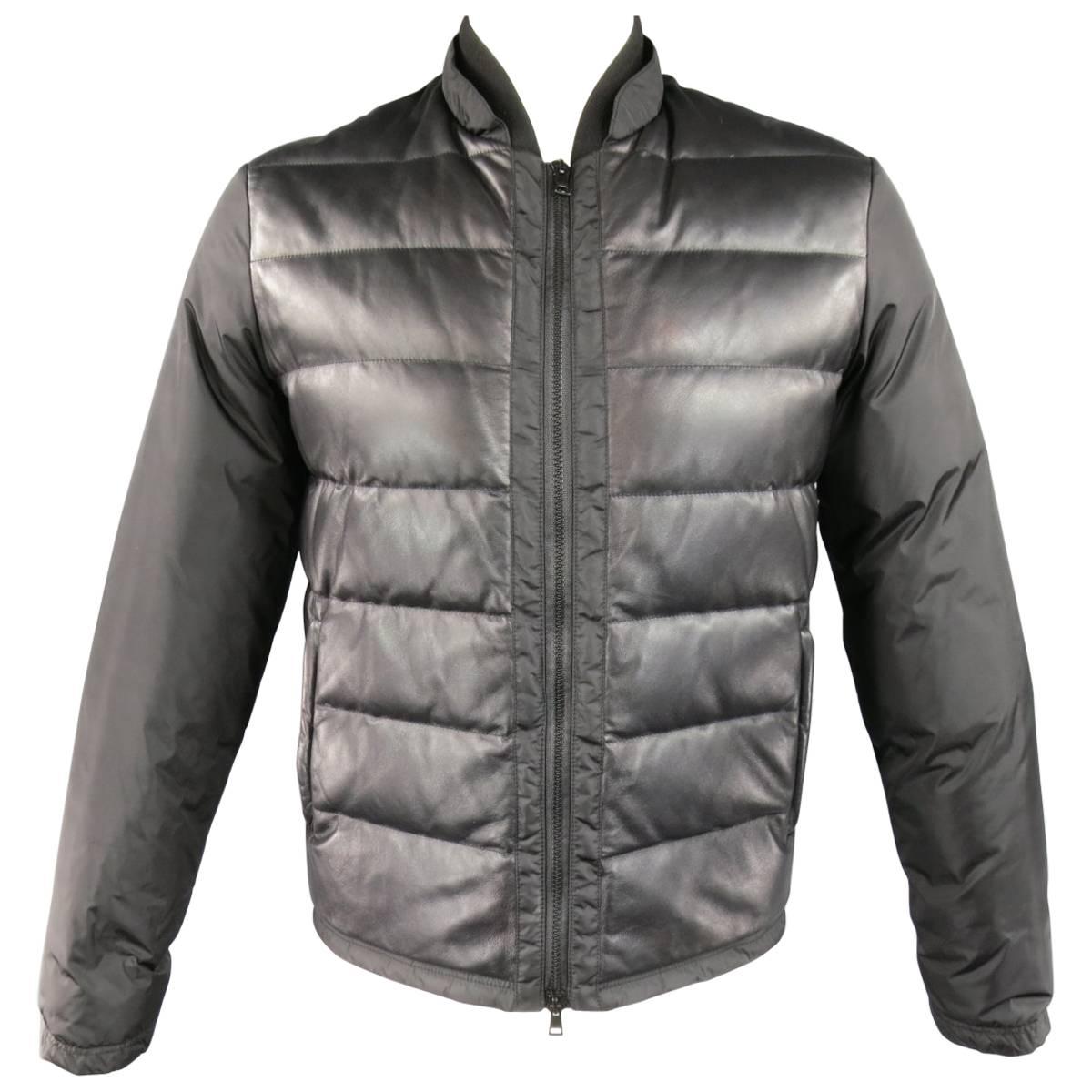 Men's GUCCI 38 Black Leather & Nylon Quilted Down Puffer Jacket