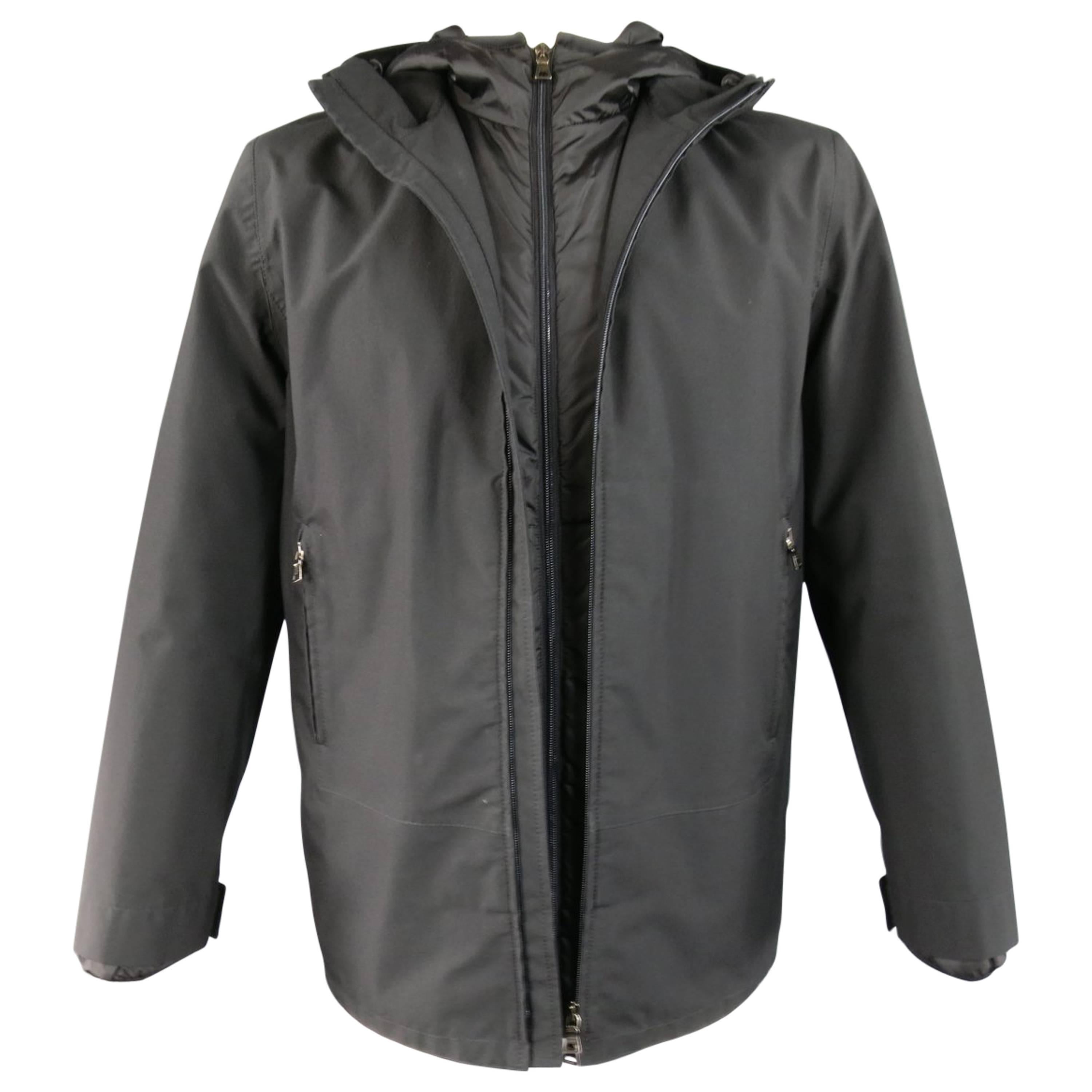 Men's PRADA 40 Black Nylon Double Layered Hooded Rain Jacket
