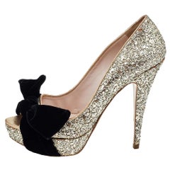 Miu Miu Metallic Gold Glitter Leather And Velvet Bow Peep Toe Pumps Size 38
