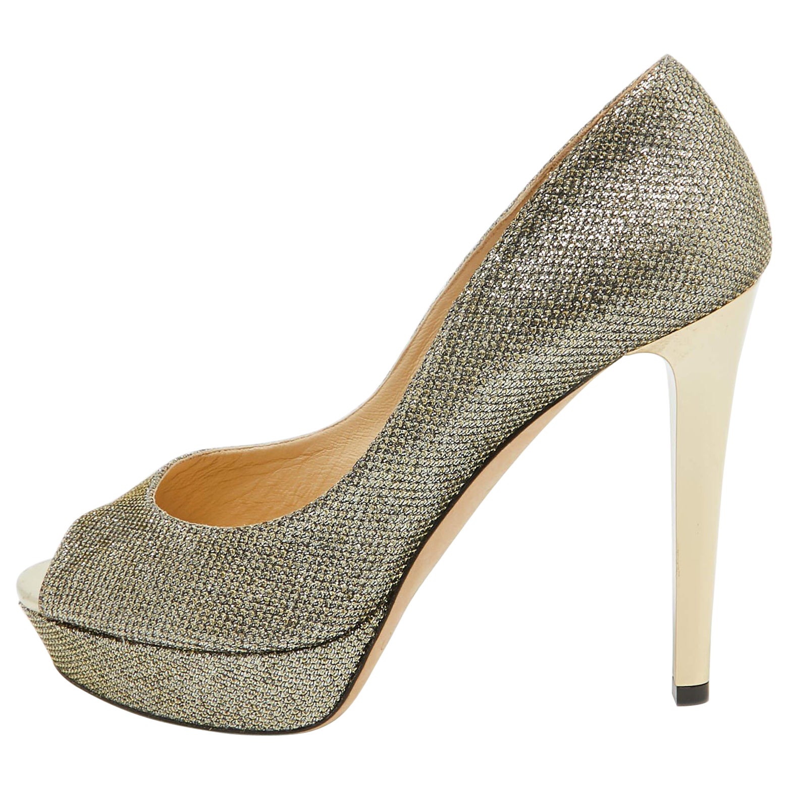 Jimmy Choo Silver/Gold Lurex Fabric Dahlia Peep Toe Pumps Size 38 For Sale