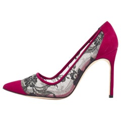 Manolo Blahnik Black/Pink Lace and Suede Salola Pumps Size 38