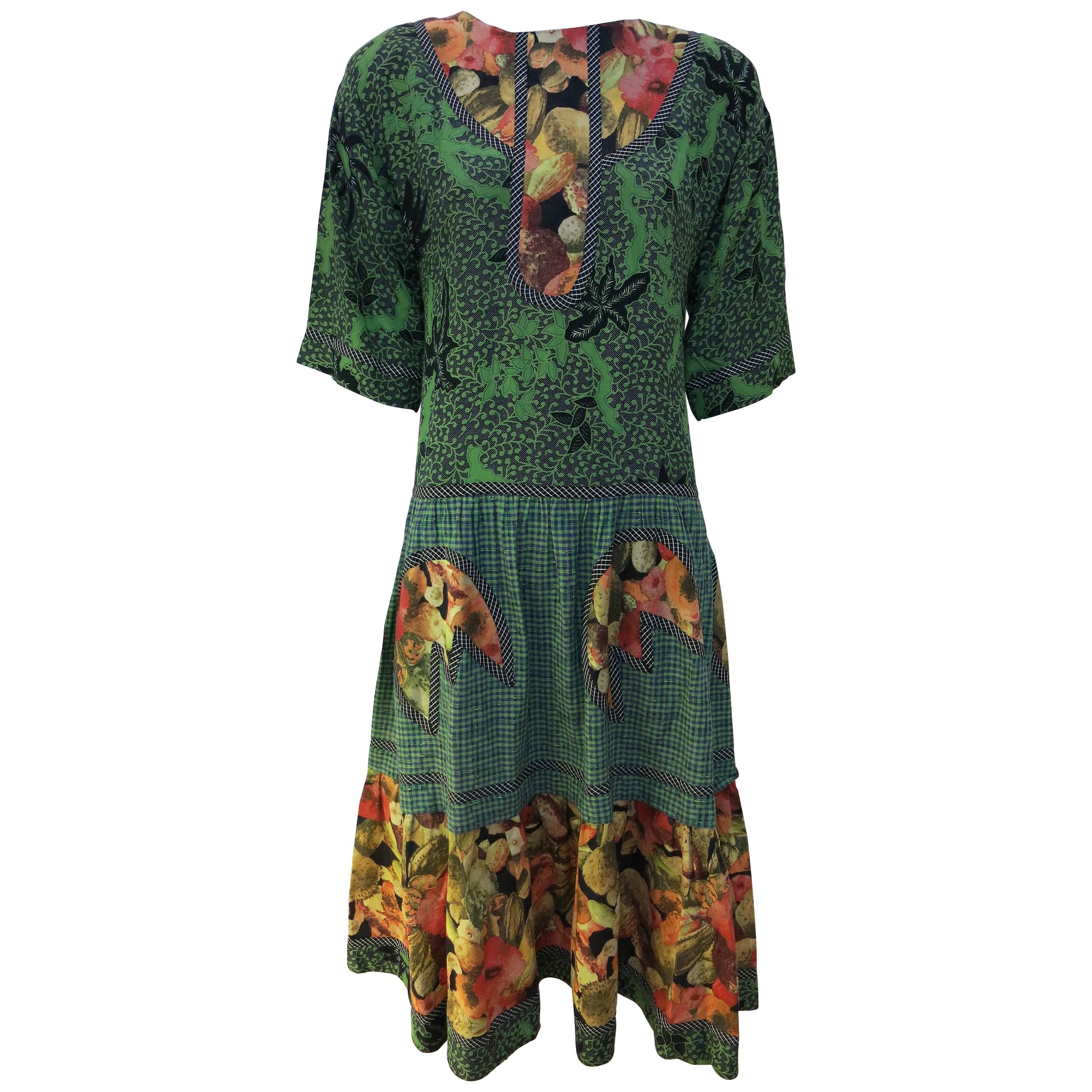 1980's Koos Van den Akker Green Gingham/Floral Western Style Dress