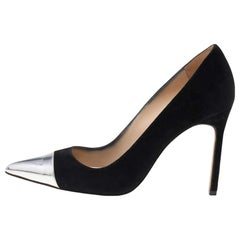 Manolo Blahnik Black/Silver Suede And Leather Bipunta Cap-Toe Pumps Size 37