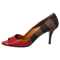 Fendi Red Leather And Brown Pequin Canvas Peep Toe Pumps Size 39.5