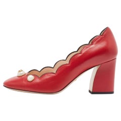Gucci Red Leather Willow Faux Pearl Block Heel Pumps Size 38