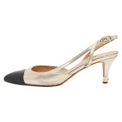 Chanel Gold/Black Leather Cap Toe Slingback Pumps Size 38.5