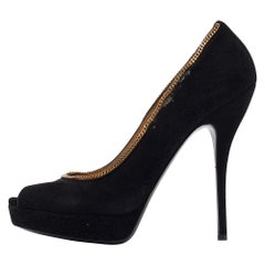 Gucci Black Suede Chain Trim Peep Toe Platform Pumps Size 40