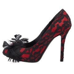 D&G Red/Black Feather and Crystal Embellished Lace and Satin Pumps Size 37.5