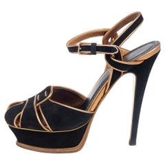 Saint Laurent Black Suede Leather Platform Ankle Strap Sandals Size 36