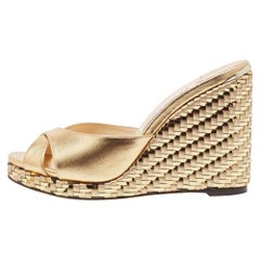 Jimmy Choo Gold Leather Almer Wedge Sandals Size 38