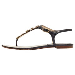 Chanel Black Leather Embellished Thong Sandals Size 38