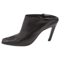 Balenciaga Black Leather Quadro Square Toe Foldable Heel Mules Size 37