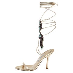 Jimmy Choo Metallic Beige Leather Crystal Embellished Tie Up Sandals Size 38
