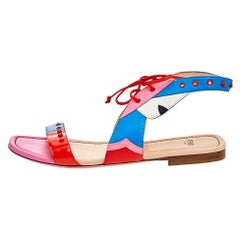 Fendi Multicolor Leather And Patent Leather Ankle Cuff Flat Sandals Size 37