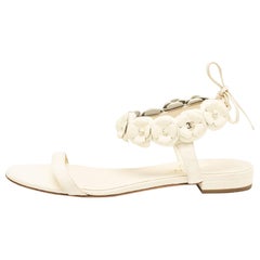 Used Chanel Cream Leather Camellia Flat Slides Size 38.5
