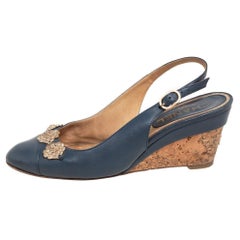 Chanel Navy Blue Leather CC Cap Toe Wedge Slingback Sandals Size 37